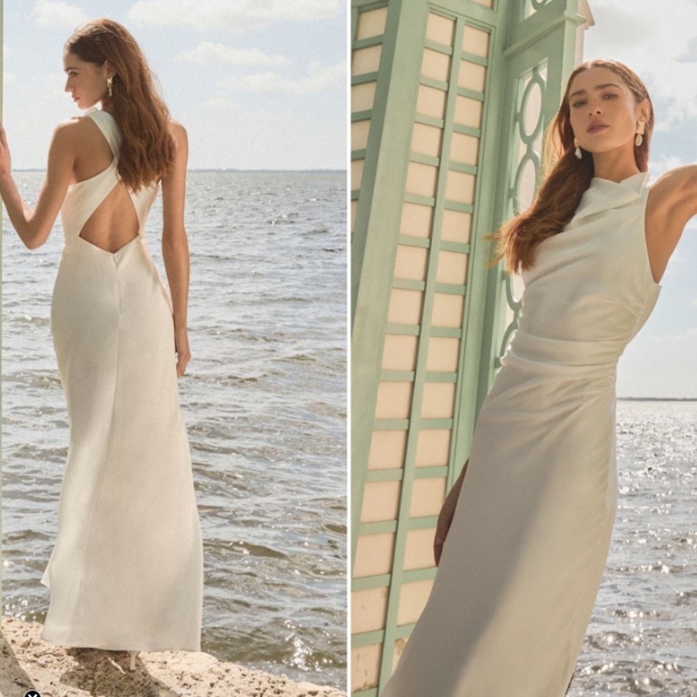 Lulu's Bridal Satin Cowl Neck Modest Elegant Open Back Sophisticated Maxi Gown